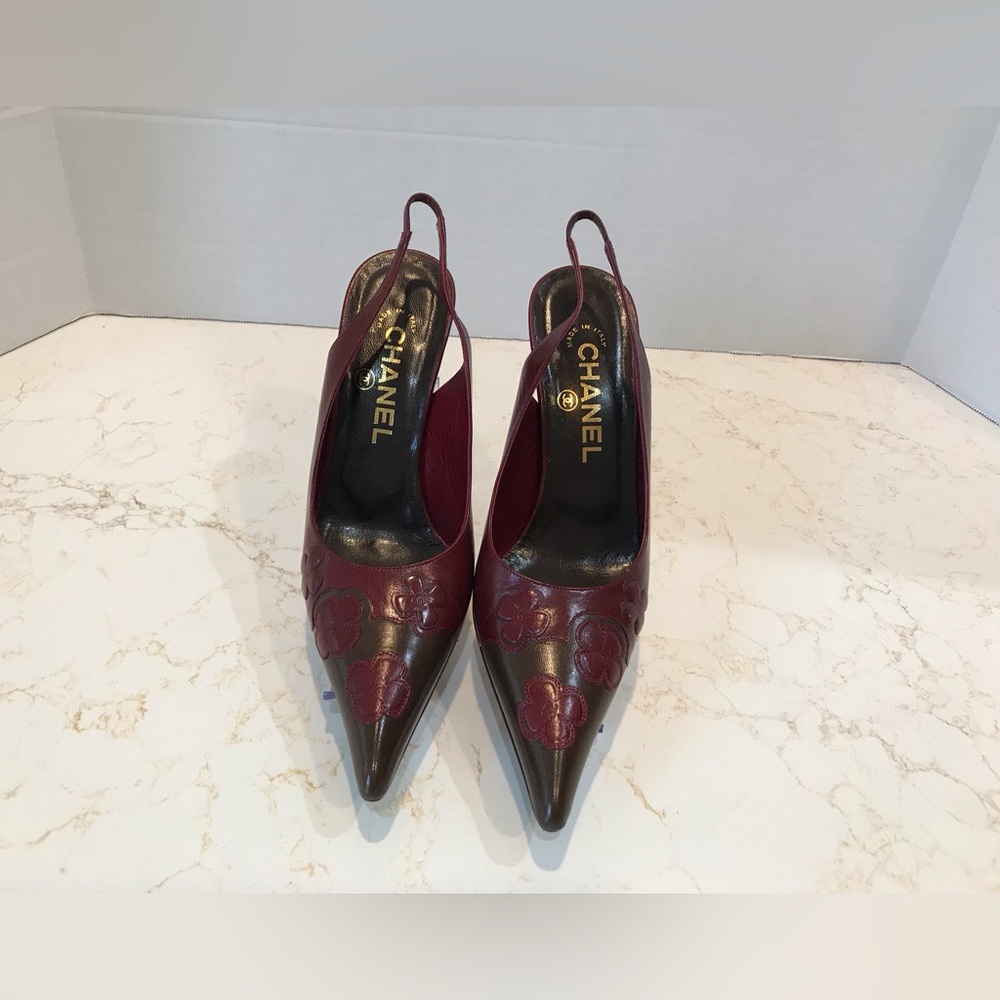 CHANEL Dark Bordeaux Floral Slingback Heels